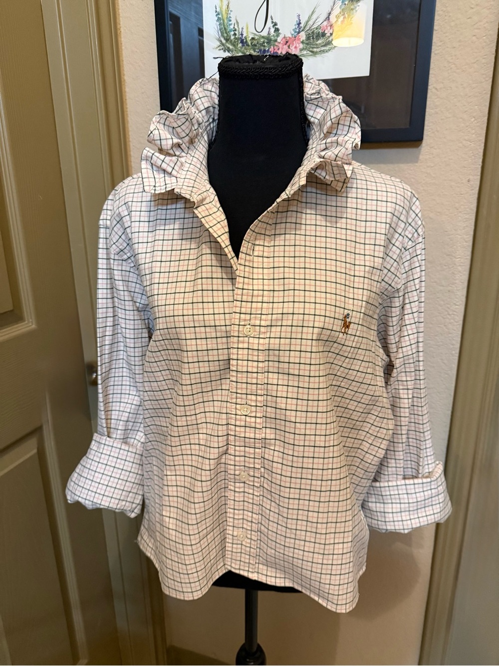 Upcycled Ralph Lauren White Shirt with Green and Navy Windowpane Plaid L
